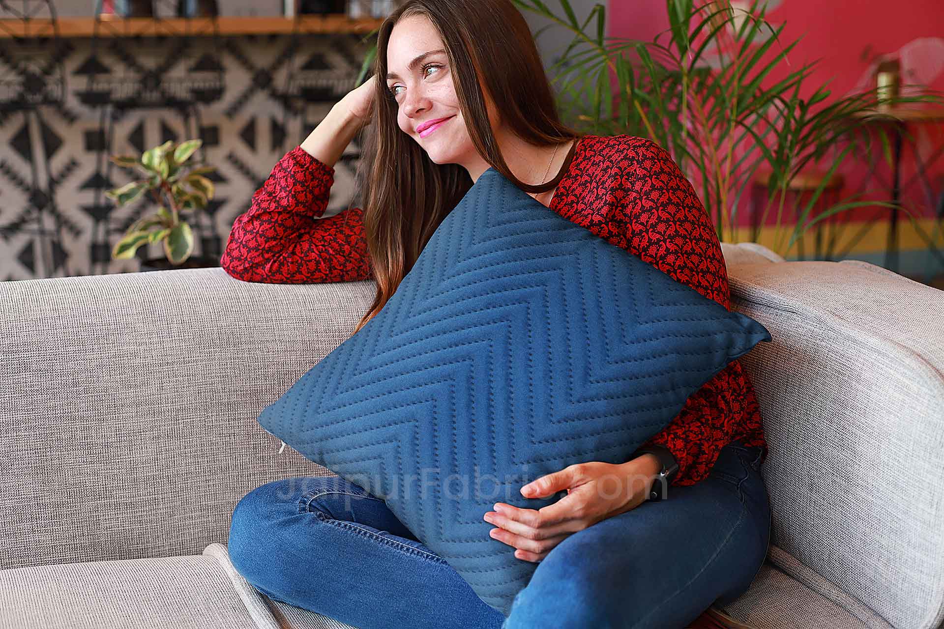 Blue Herringbone Pattern Cotton Cushion Cover