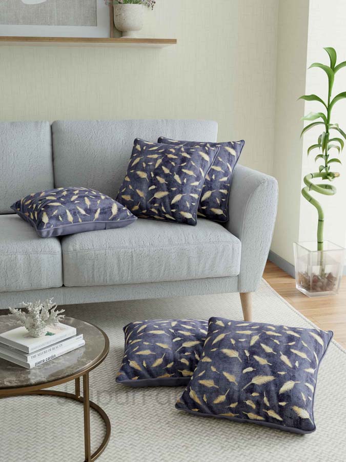 Violet Gold Feather Leaf Print Cushion Cover