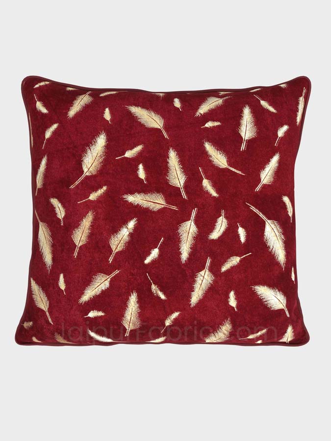 Maroon Gold Feather Leaf Print Cushion Cover