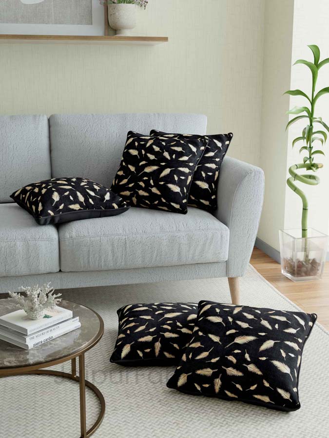 Black Gold Feather Leaf Print Cushion Cover