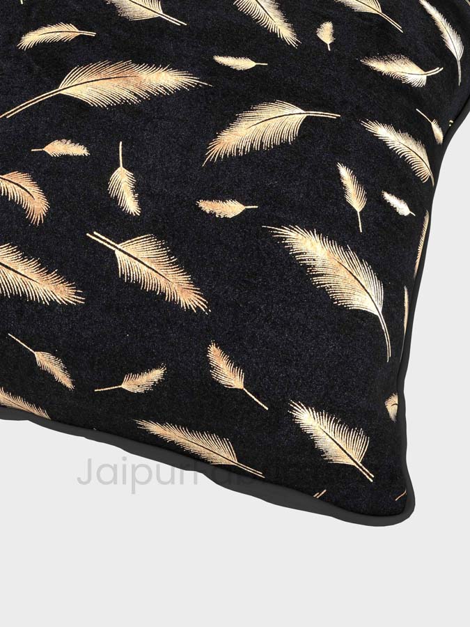Black Gold Feather Leaf Print Cushion Cover