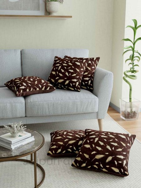 Coffee Gold Feather Leaf Print Cushion Cover