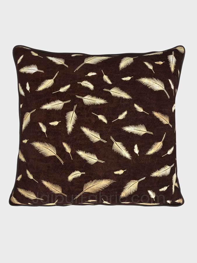 Coffee Gold Feather Leaf Print Cushion Cover