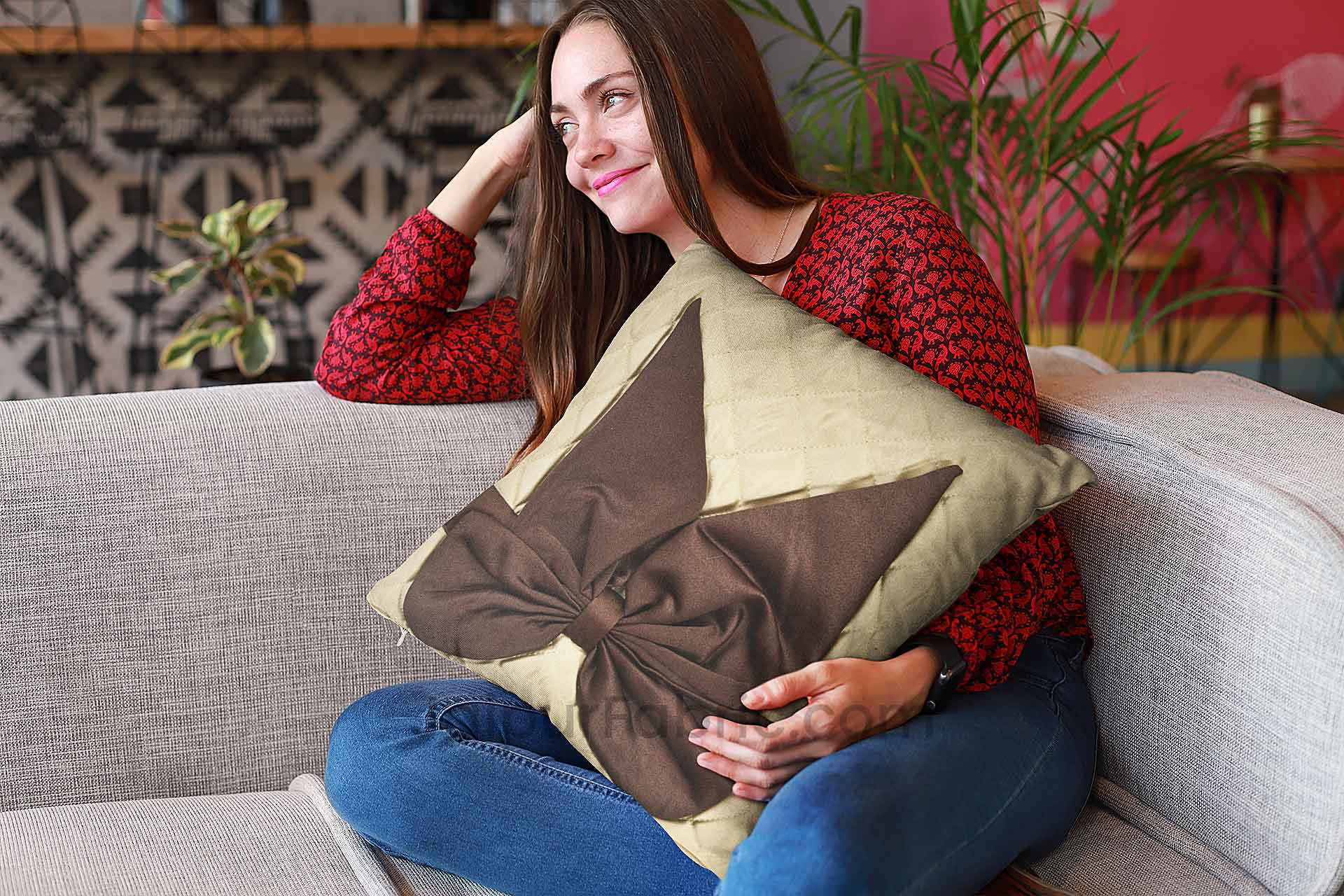 Beige Brown Bow Tie Square Cotton Cushion Cover