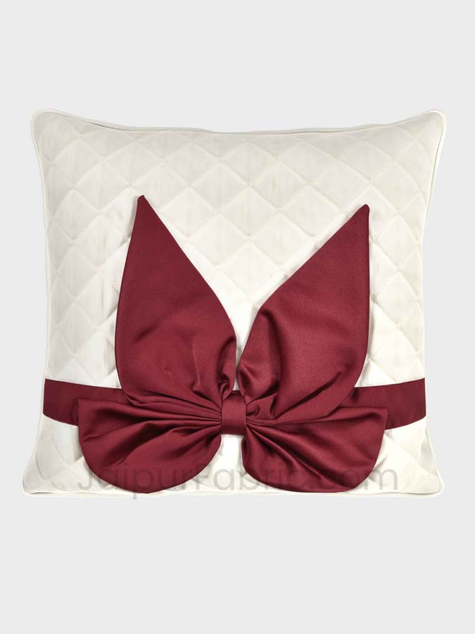 White Maroon Bow Tie Square Cotton Cushion Cover