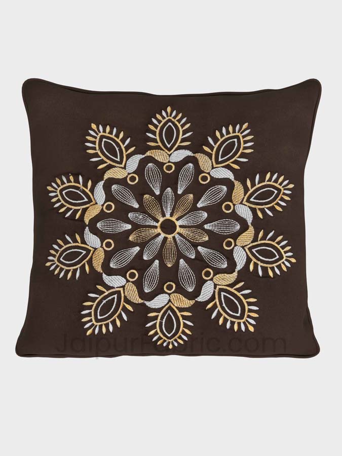 Coffee Color Vintage Floral Embroidery Cotton Cushion Cover