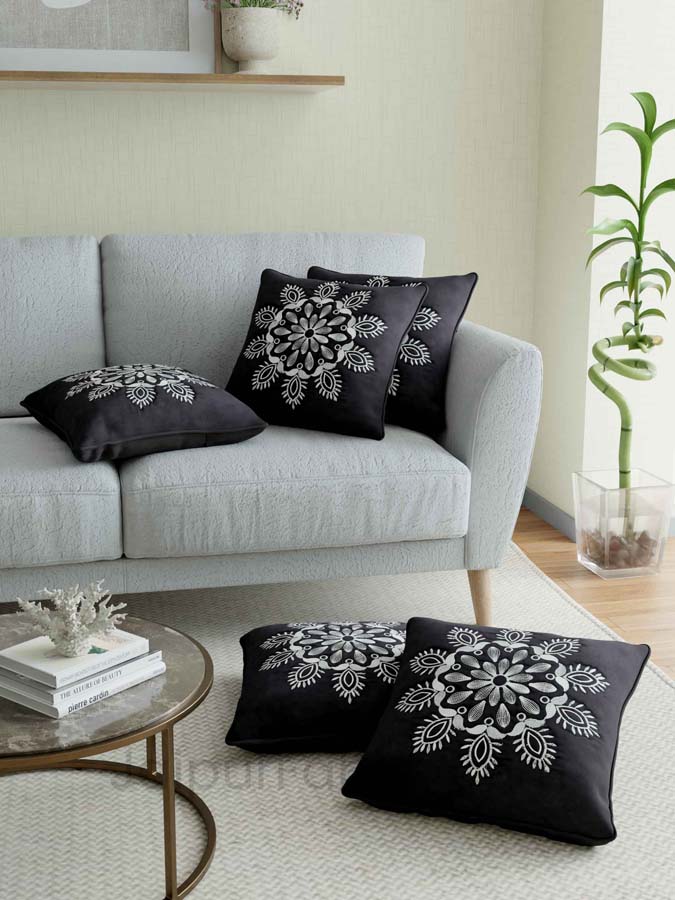 Black Color Vintage Floral Embroidery Cotton Cushion Cover