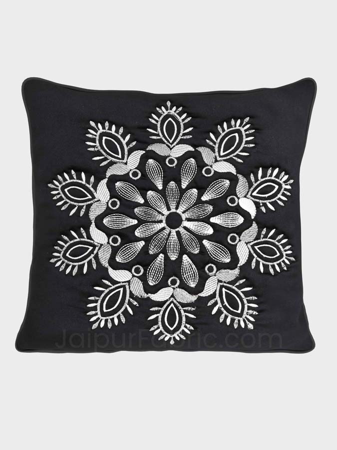 Black Color Vintage Floral Embroidery Cotton Cushion Cover