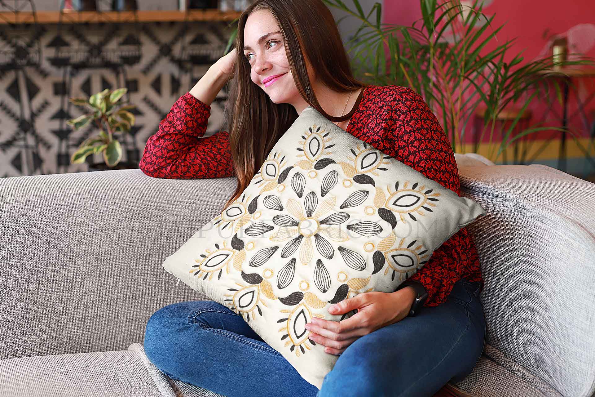 Off White Color Vintage Floral Embroidery Cotton Cushion Cover