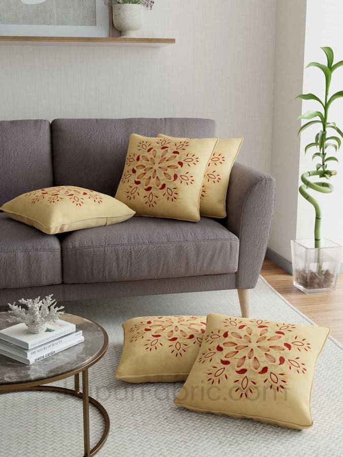 Mustard Color Vintage Floral Embroidery Cotton Cushion Cover