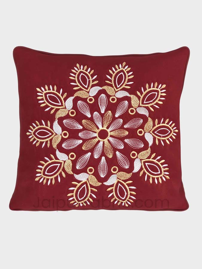 Maroon Color Vintage Floral Embroidery Cotton Cushion Cover