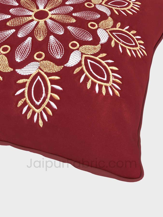 Maroon Color Vintage Floral Embroidery Cotton Cushion Cover