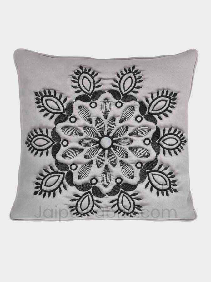 Grey Color Vintage Floral Embroidery Cotton Cushion Cover
