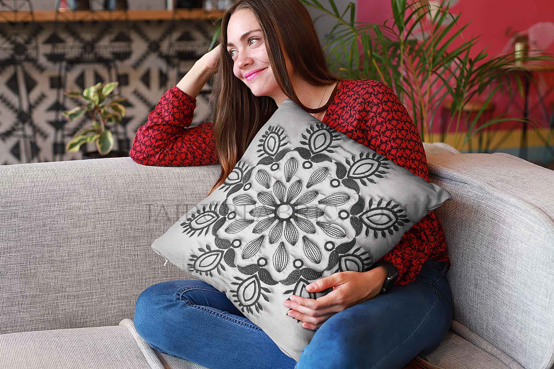 Grey Color Vintage Floral Embroidery Cotton Cushion Cover