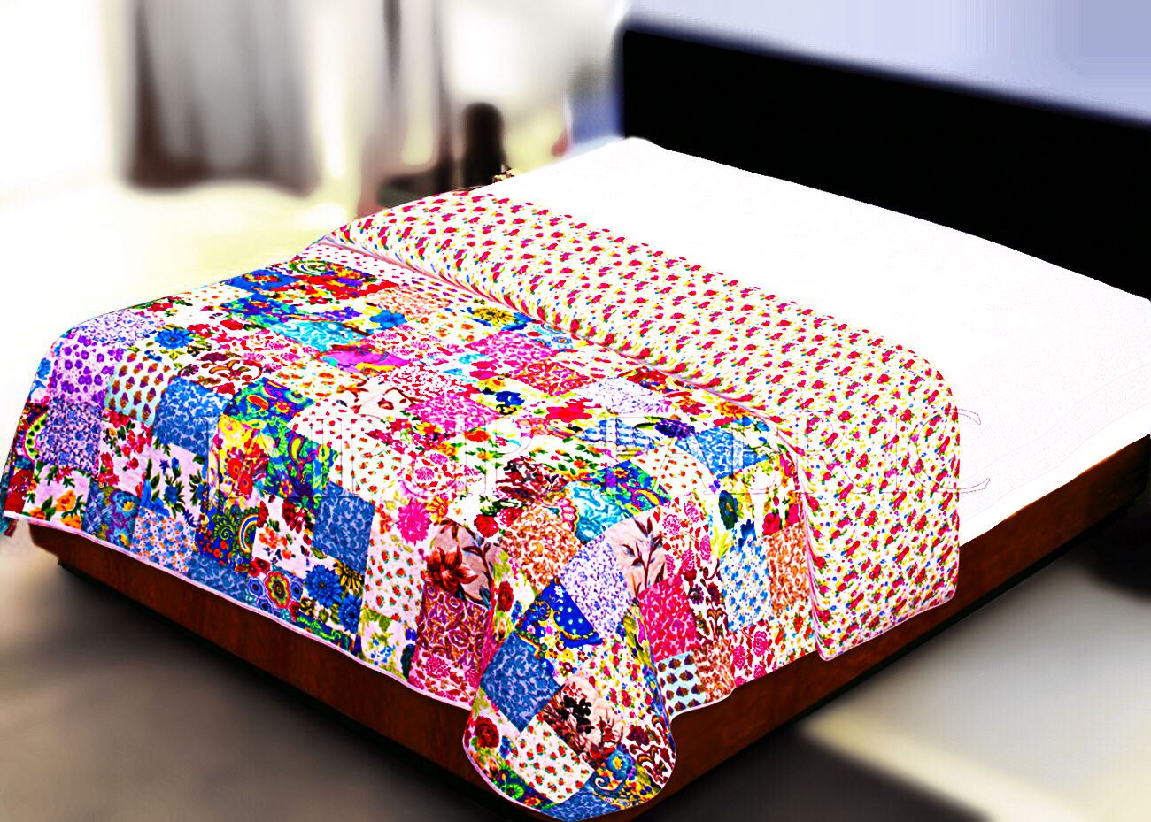 Multi Color Patchwork Double Sided Printed Red Floral Double Bed Comforter