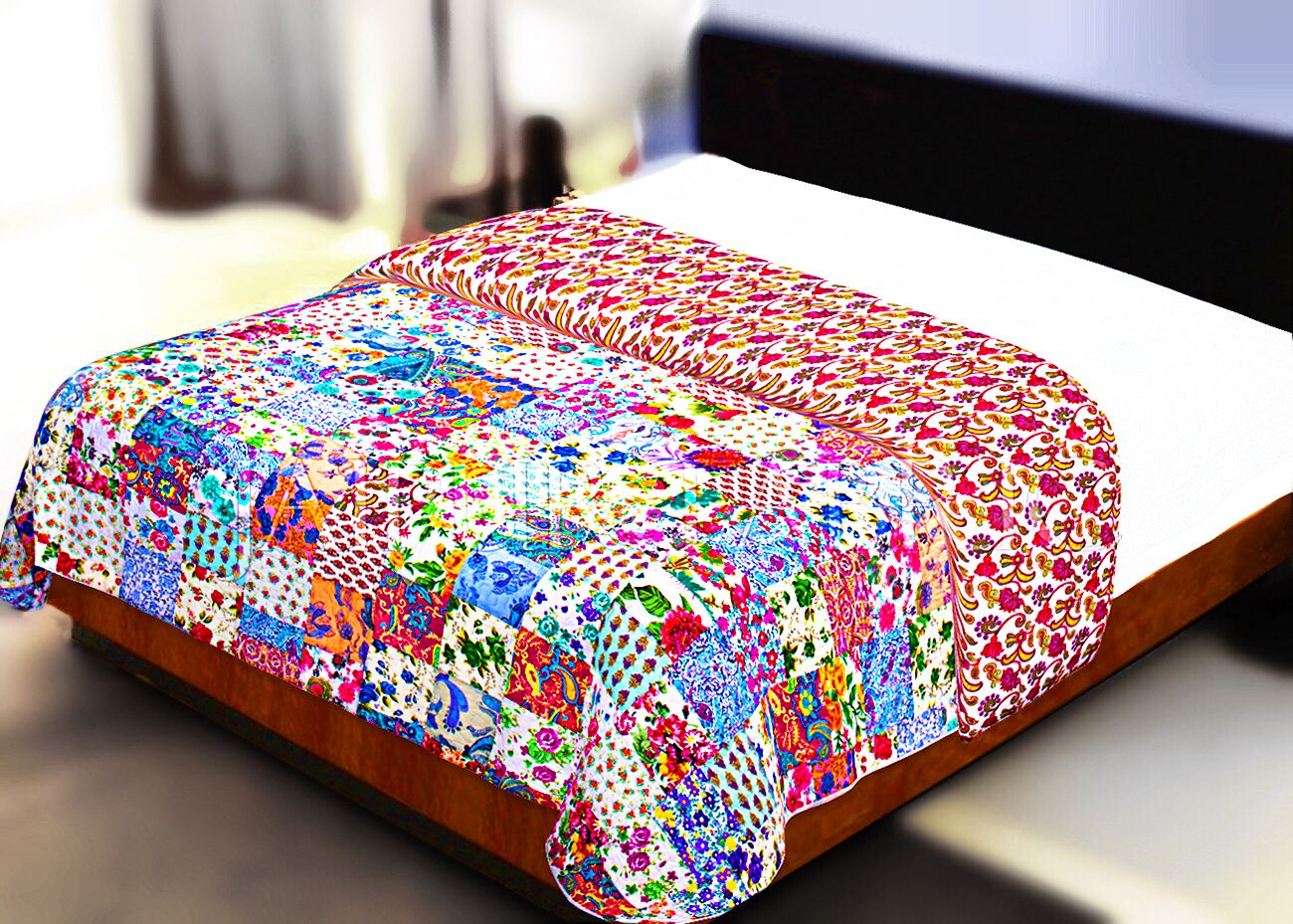 Multi Color Patchwork Double Sided Printed Floral Print Double Bed Comforter