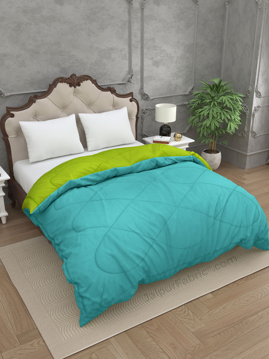 Sky Blue-Lemon Green  Double Bed Comforter