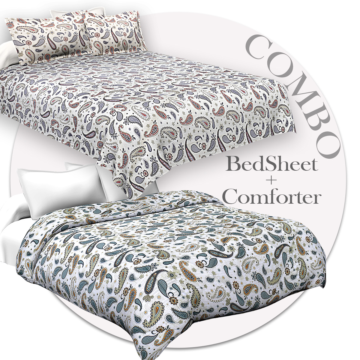 Bed in a Bag Paisley Blueish Grey Double BedSheet Comforter Combo
