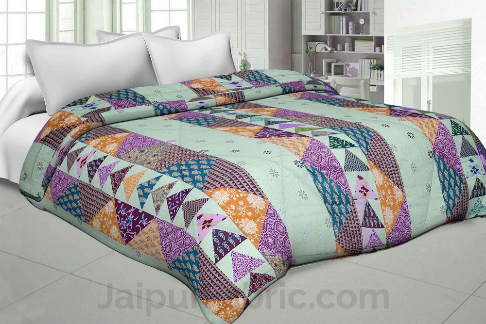Olive Twill Cotton  Double Bed With Colorful Patchwork Design Comforter