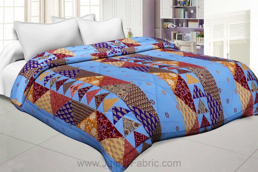 Blues Twill Cotton  Double Bed With Colorful Patchwork Design Comforter