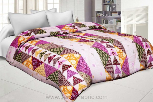Pink Twill Cotton  Double Bed With Colorful Patchwork Design Comforter