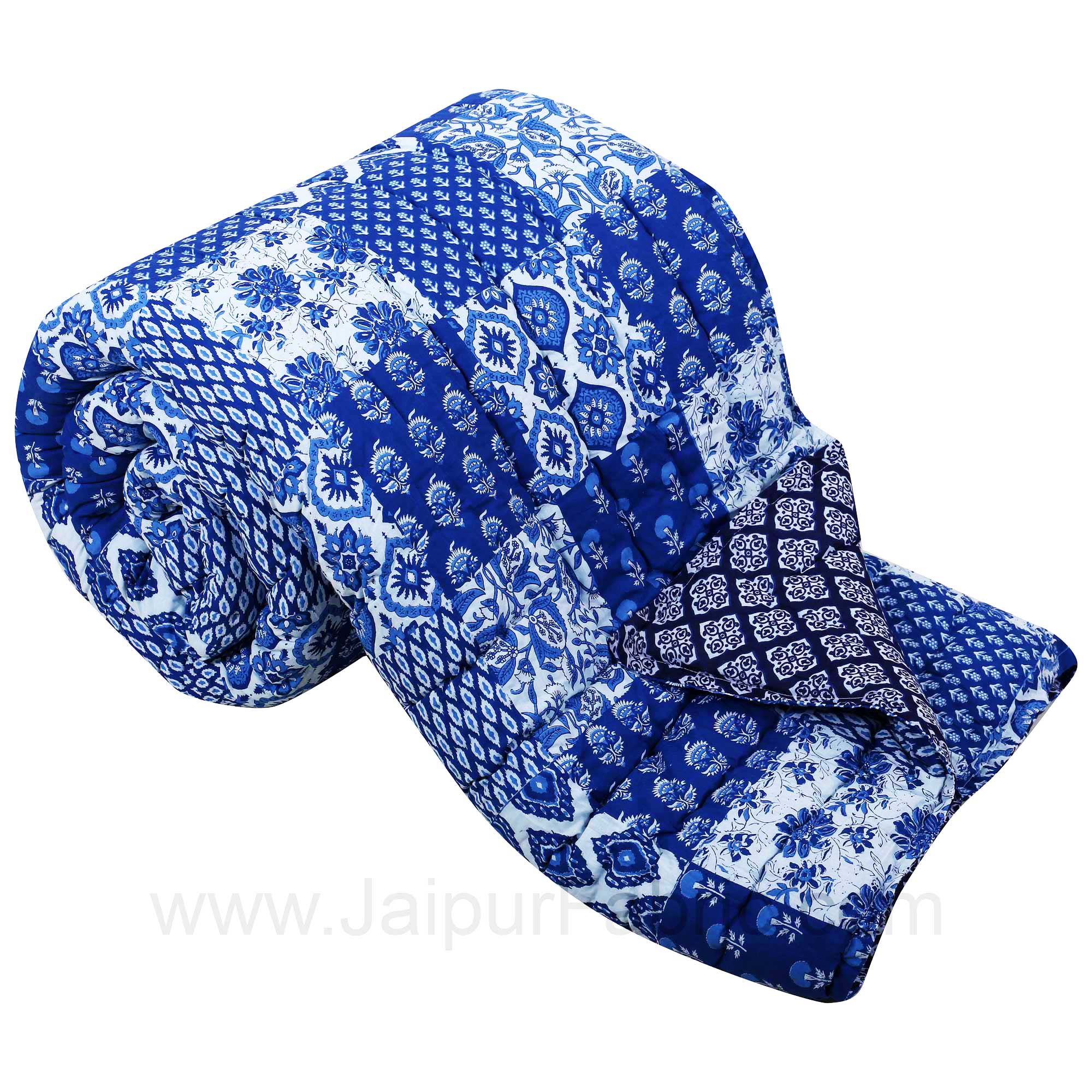 Jaipuri Quilt Blue Bagru Print Double Bed Quilt