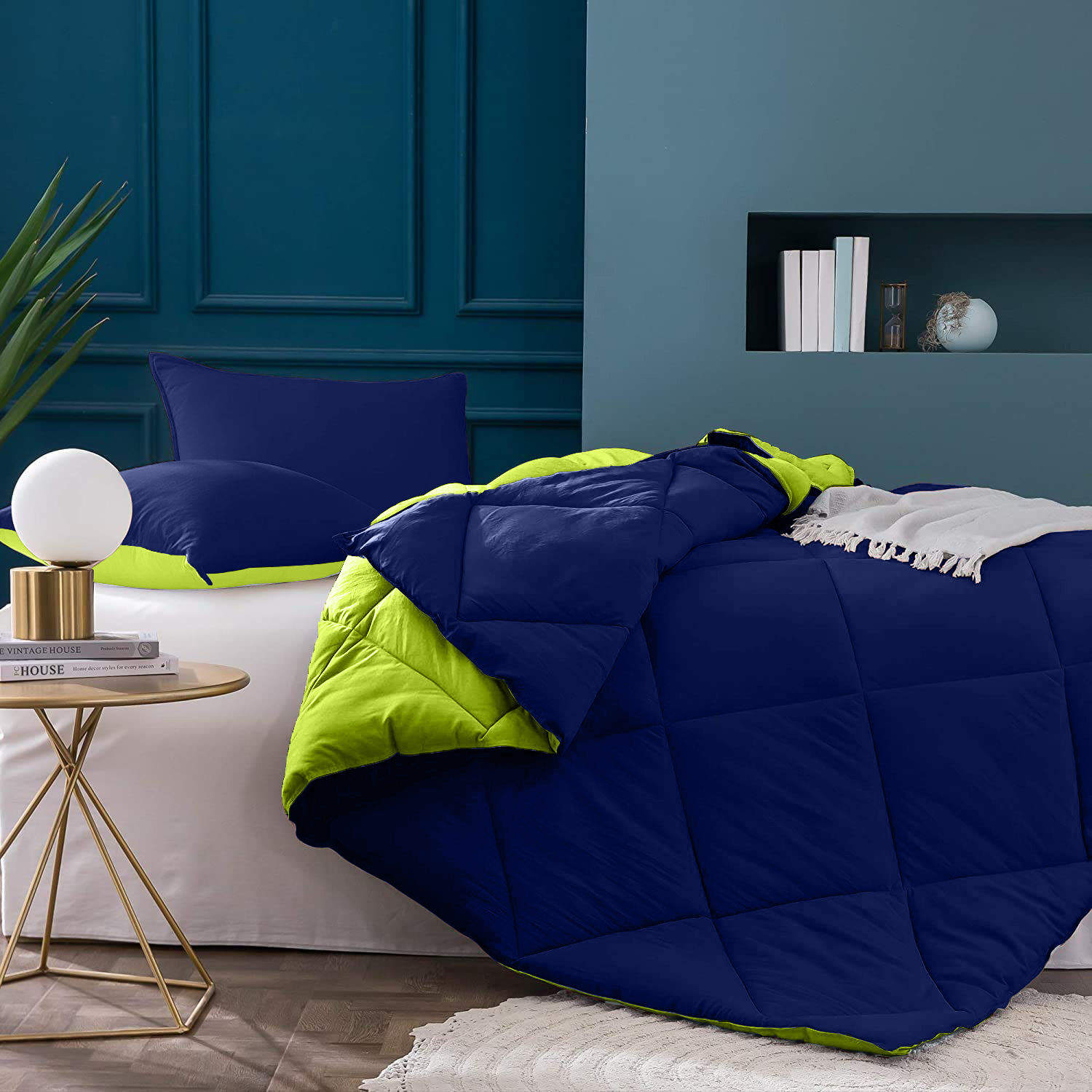 Navy Blue-Lemon Green  Double Bed Comforter