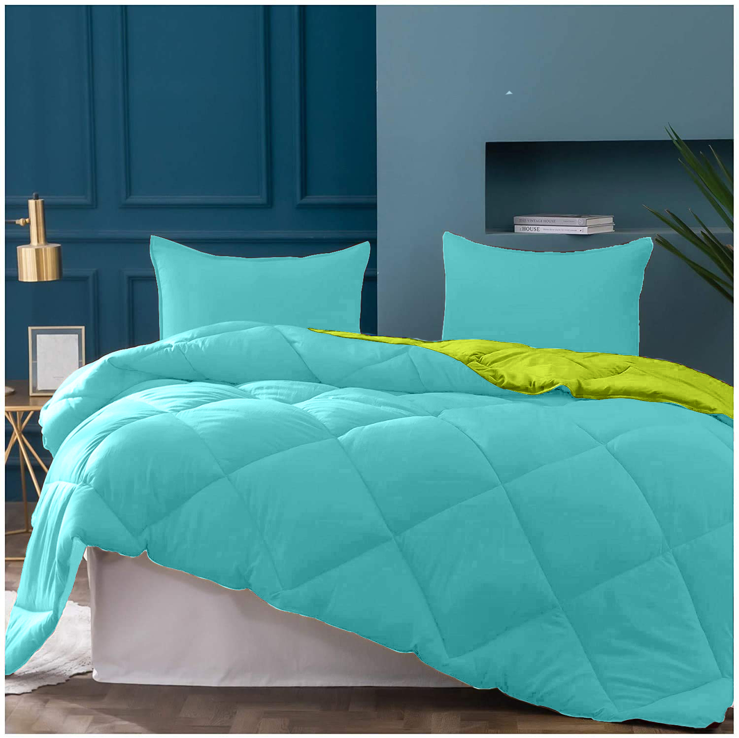 Sky Blue-Lemon Green  Double Bed Comforter