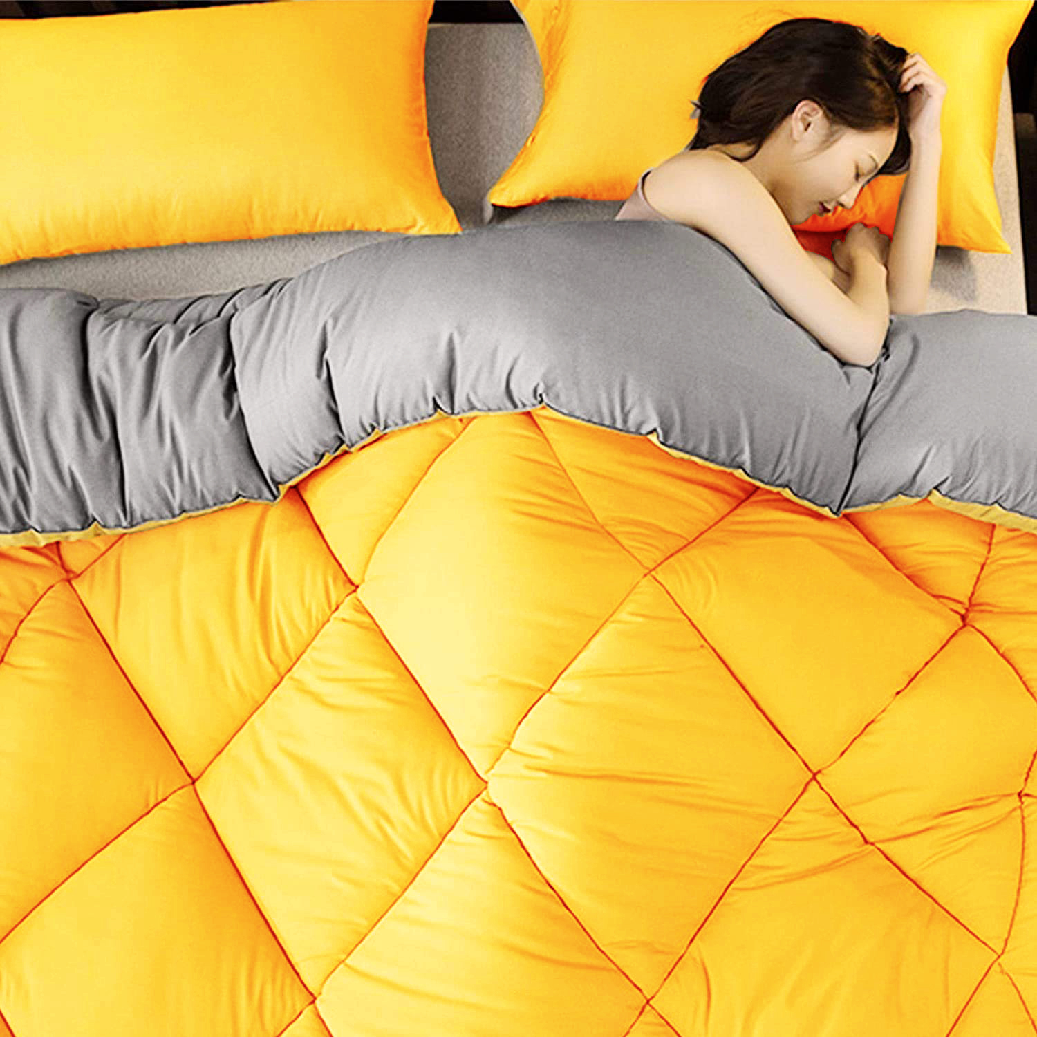 Mango Yellow Light Grey Double Bed Comforter
