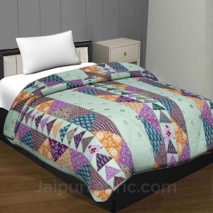 Olive Twill Cotton Single Bed With Colorful Patchwork Design Comforter