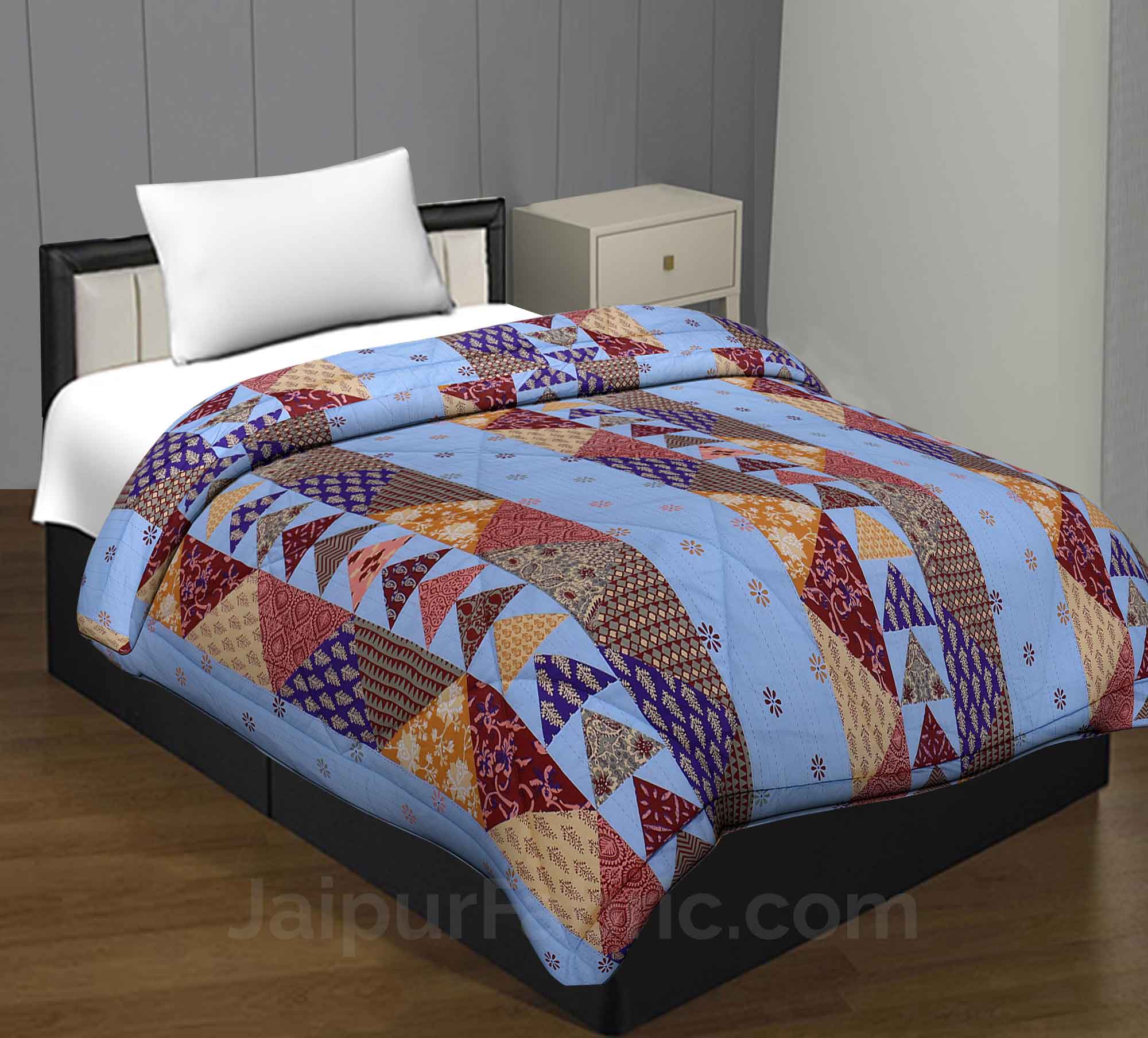Blues Twill Cotton Single Bed With Colorful Patchwork Design Comforter