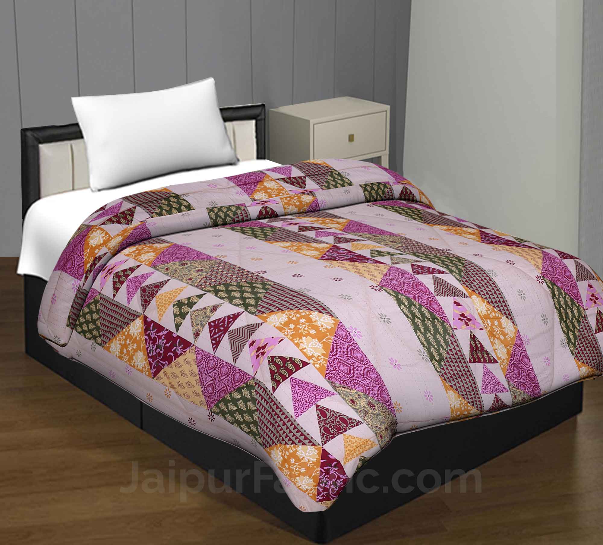 Pink Twill Cotton Single Bed With Colorful Patchwork Design Comforter