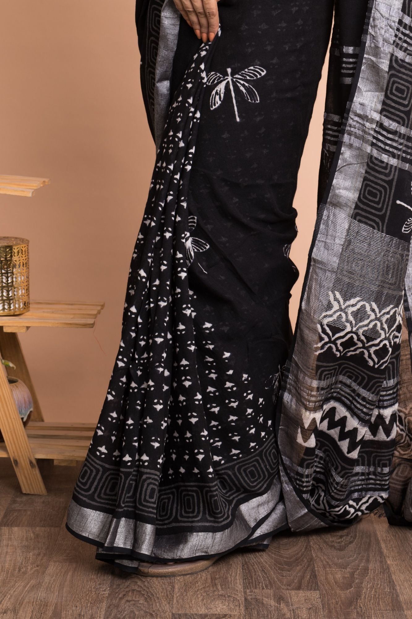 Hand Block Printed Cotton Linen Saree with Unstitched Blouse - Black