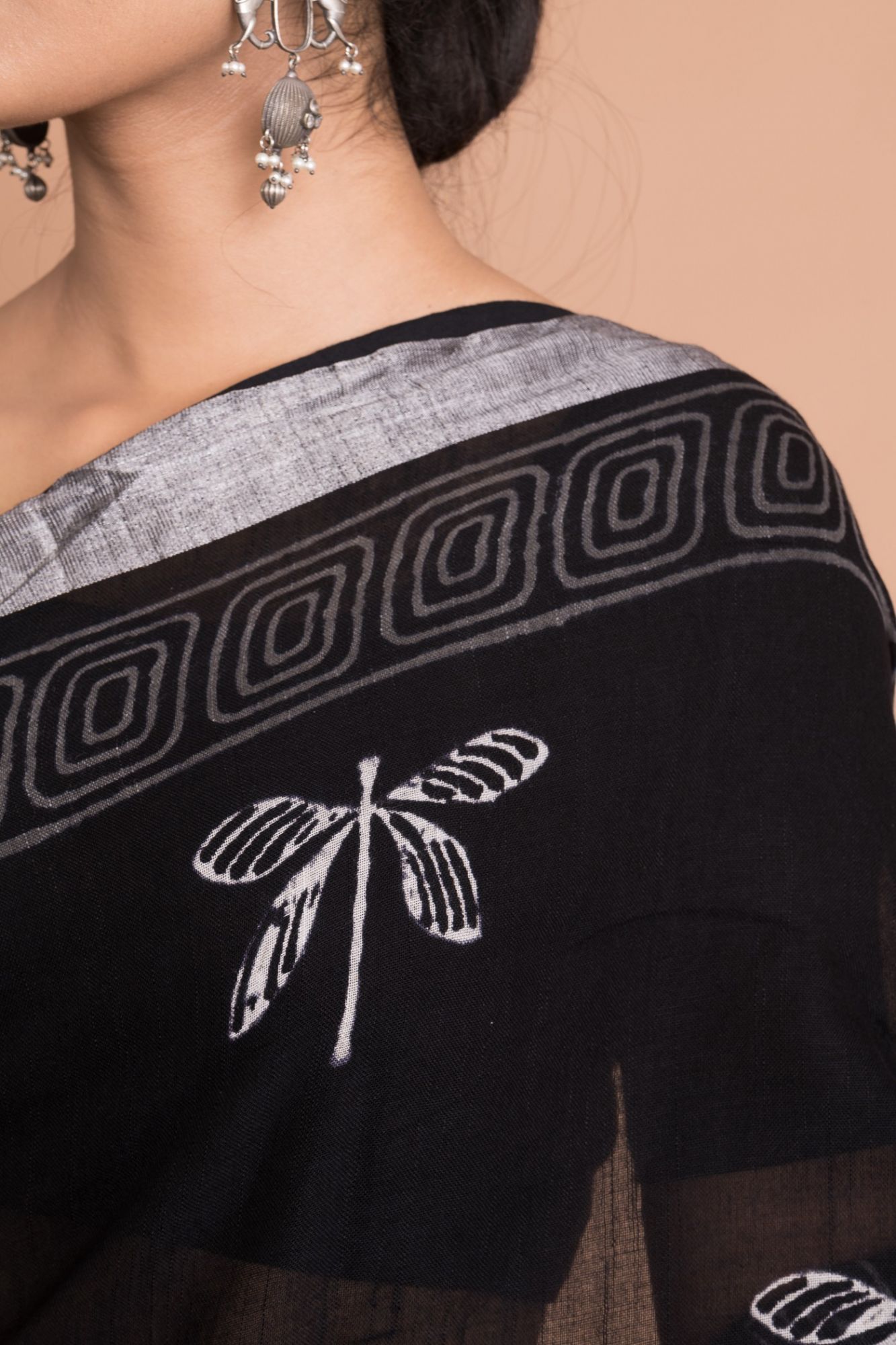Hand Block Printed Cotton Linen Saree with Unstitched Blouse - Black
