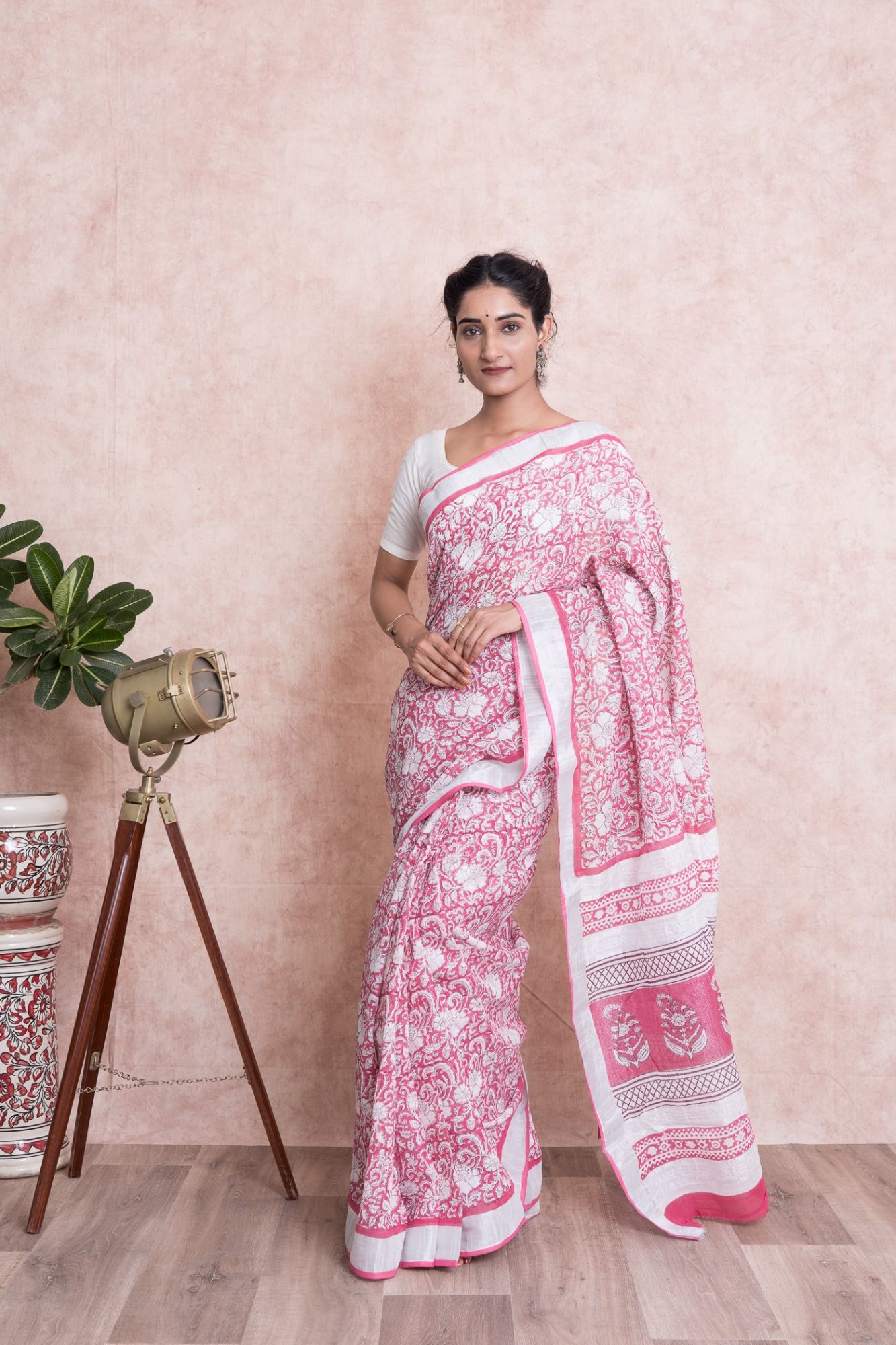 Women Pigment Print Kalamkari Cotton Linen Saree with Unstitched Blouse - Pink