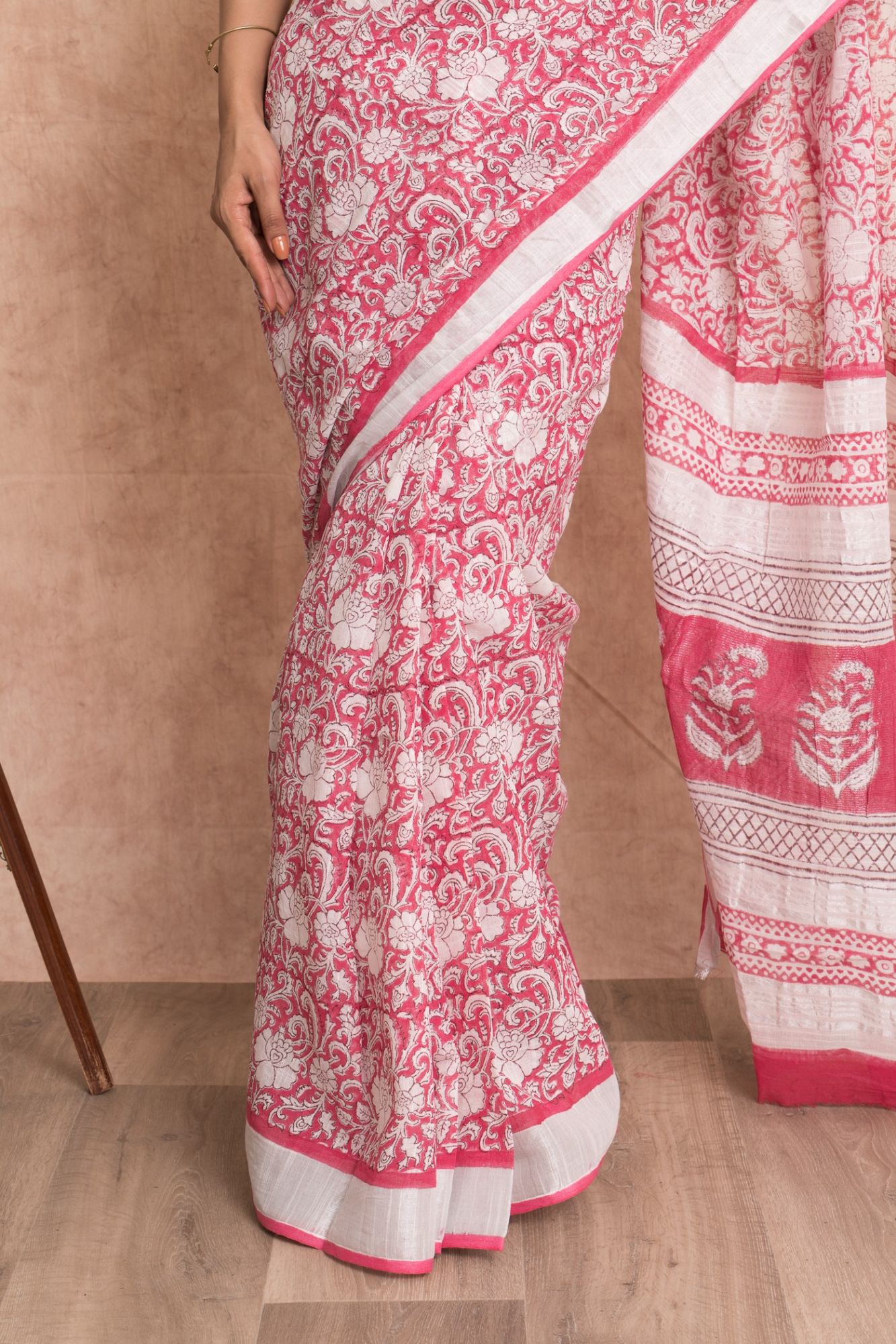 Women Pigment Print Kalamkari Cotton Linen Saree with Unstitched Blouse - Pink