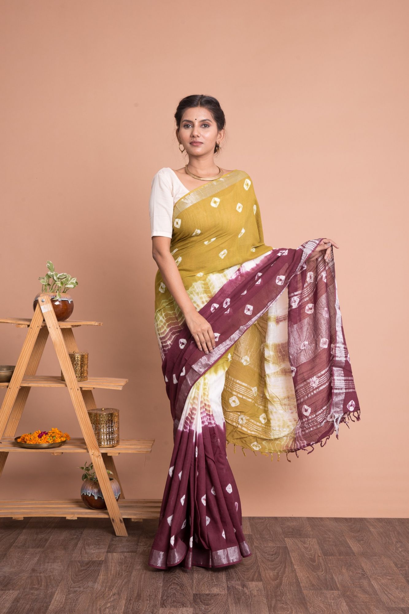 Women Tie And Dye Cotton Linen Saree with Unstitched Blouse - Multi-Color