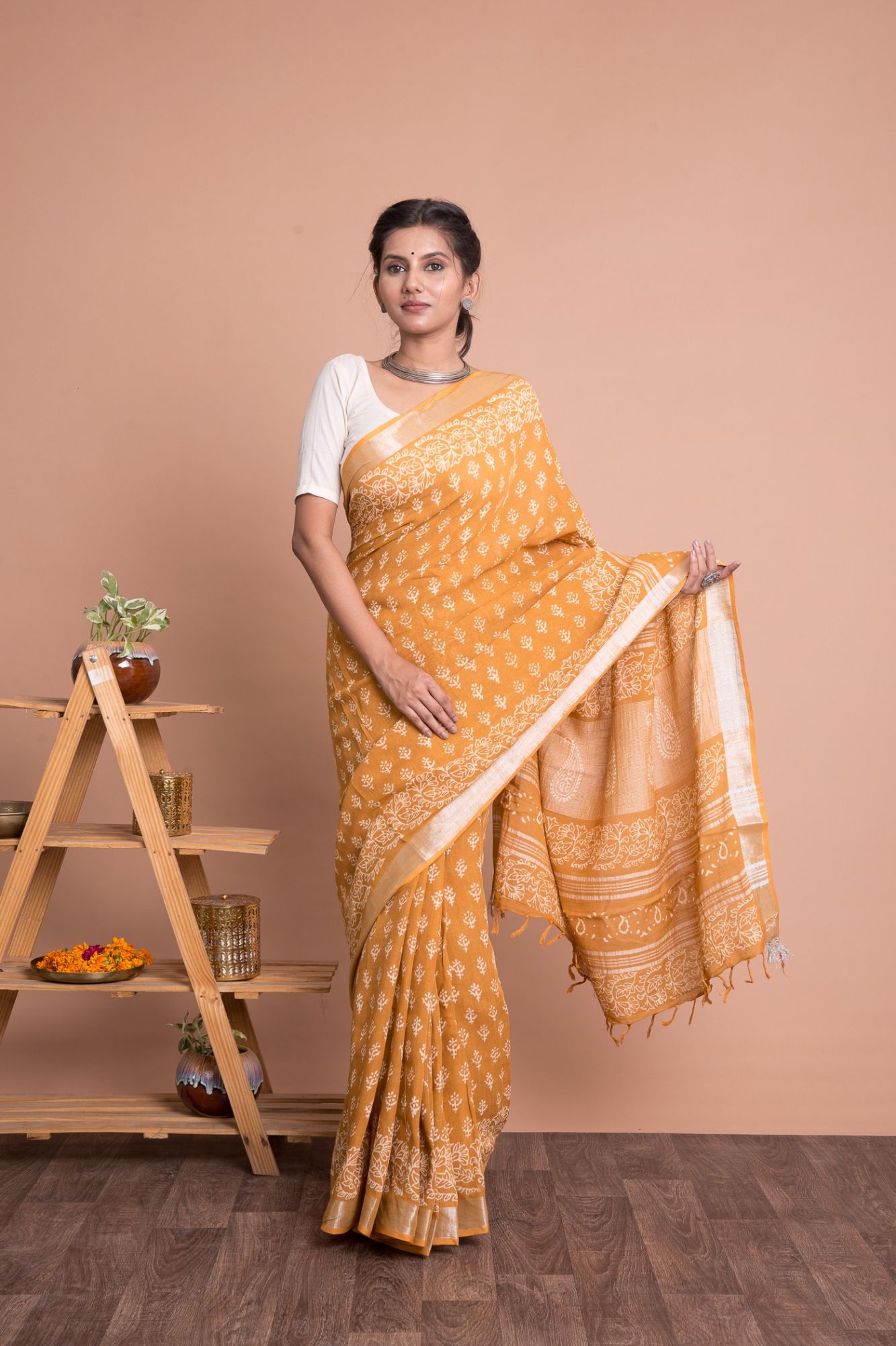 Discharge Print Booti Pattern Cotton Linen Saree with Unstitched Blouse - Yellow