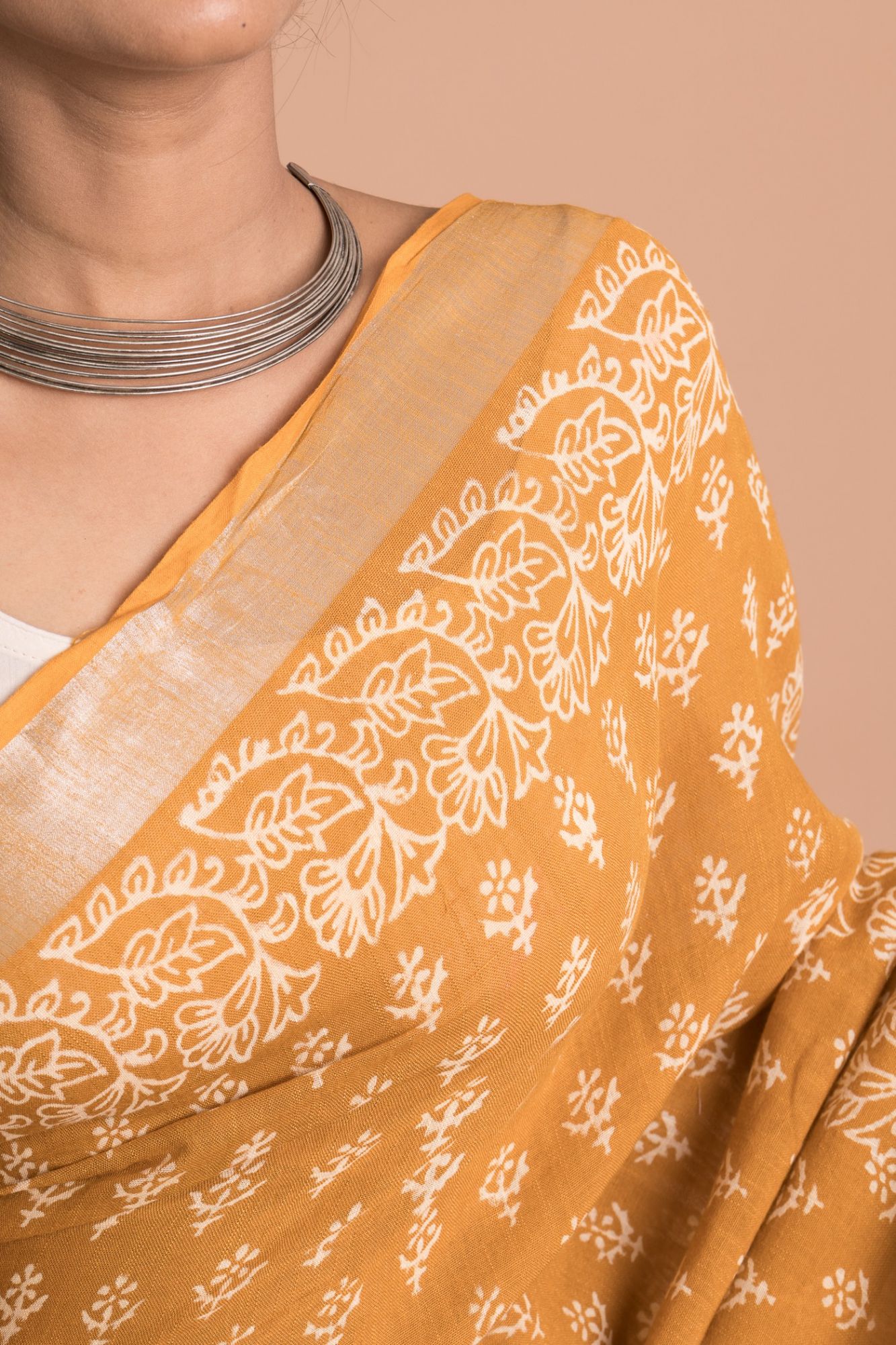 Discharge Print Booti Pattern Cotton Linen Saree with Unstitched Blouse - Yellow