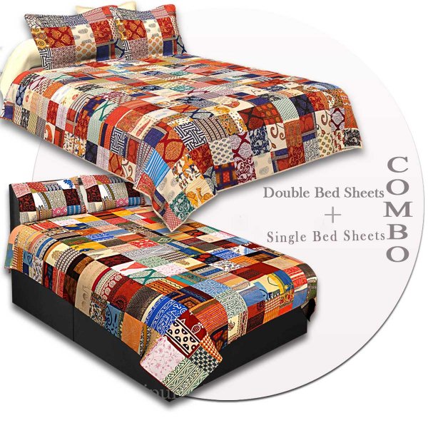 COMBO53- Set of 1 Double Bedsheet and  1 Single Bedsheet With  4 Pillow Cover