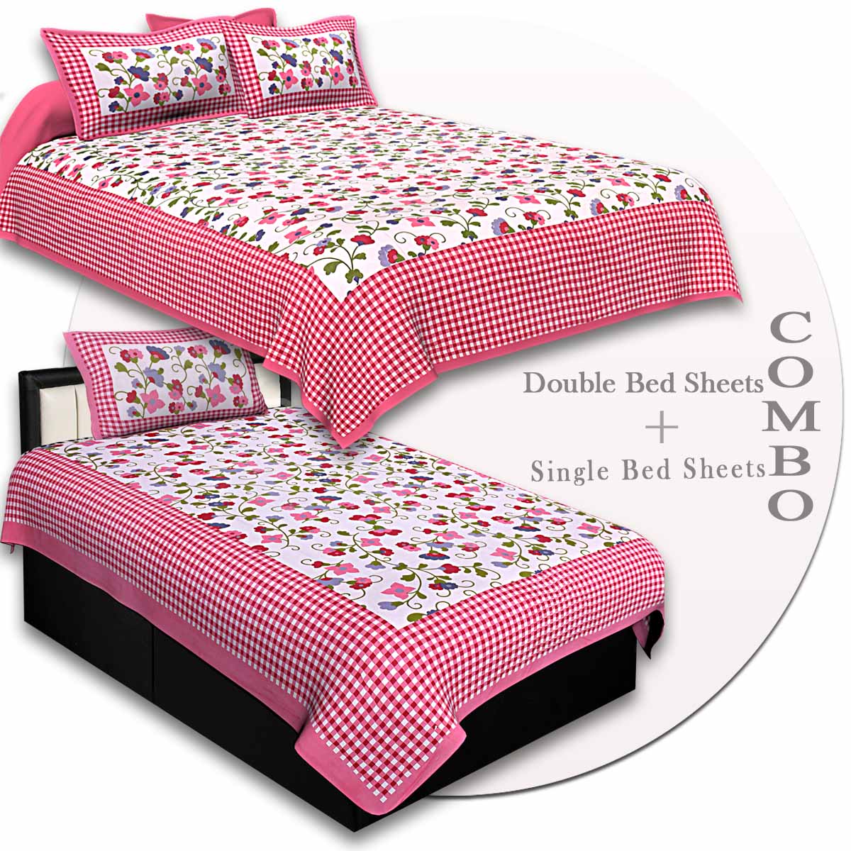 COMBO82- Set of 1 Double Bedsheet and  1 Single Bedsheet With  2+1 Pillow Cover