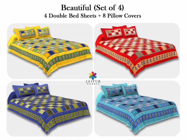 COMBO117 Beautiful Multicolor 4 Bedsheet + 8 Pillow Cover