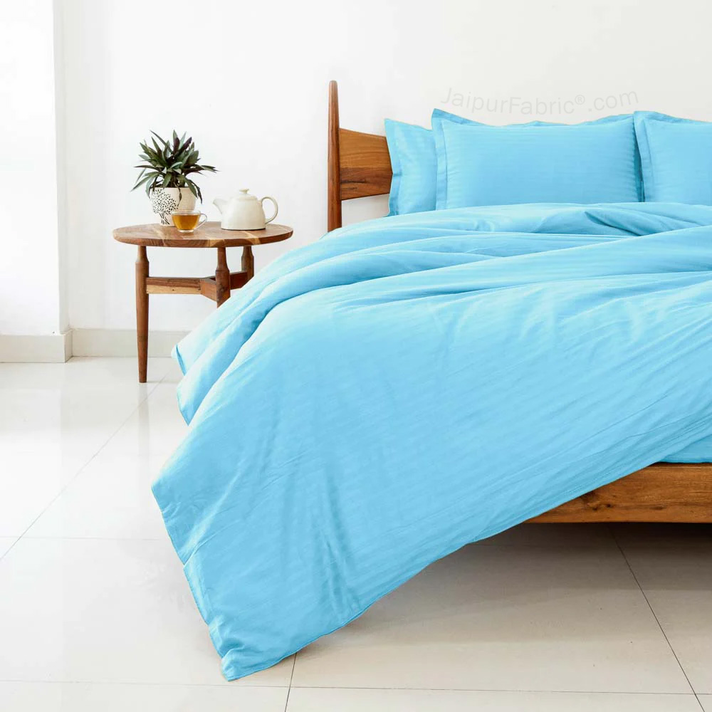 Light Blue Satin Stripes Matching Bedsheet and Comforter SET of 4 Bed in a Bag