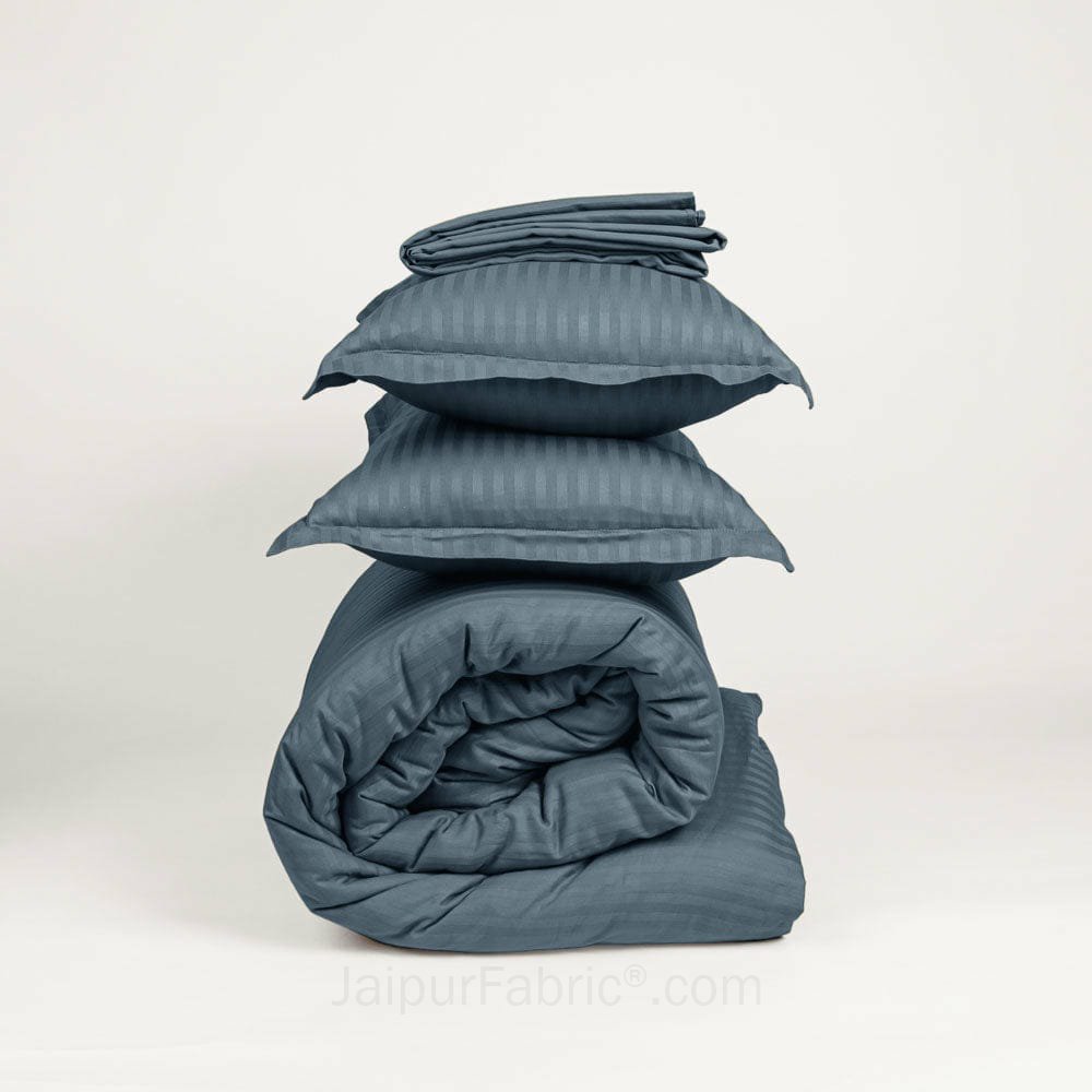 Dark Grey Satin Stripes Matching Bedsheet and Comforter SET of 4 Bed in a Bag