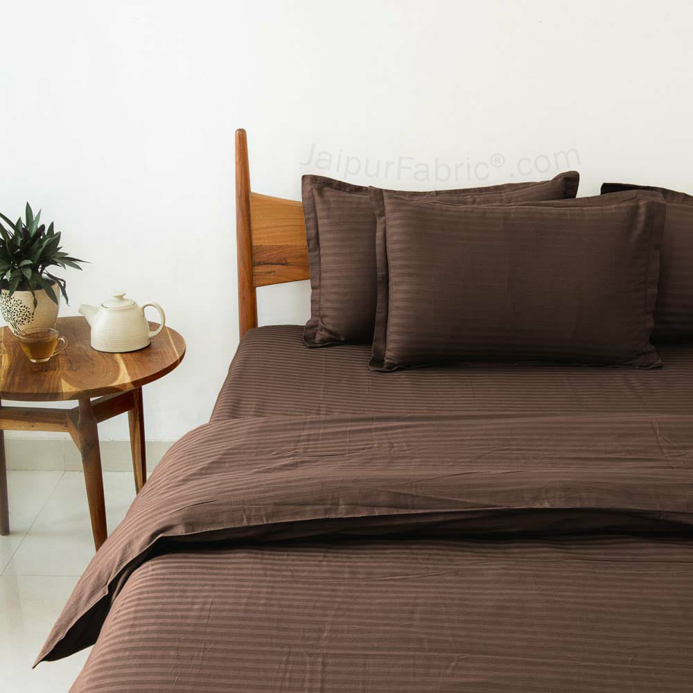 Dark Brown Satin Stripes Matching Bedsheet and Comforter SET of 4 Bed in a Bag