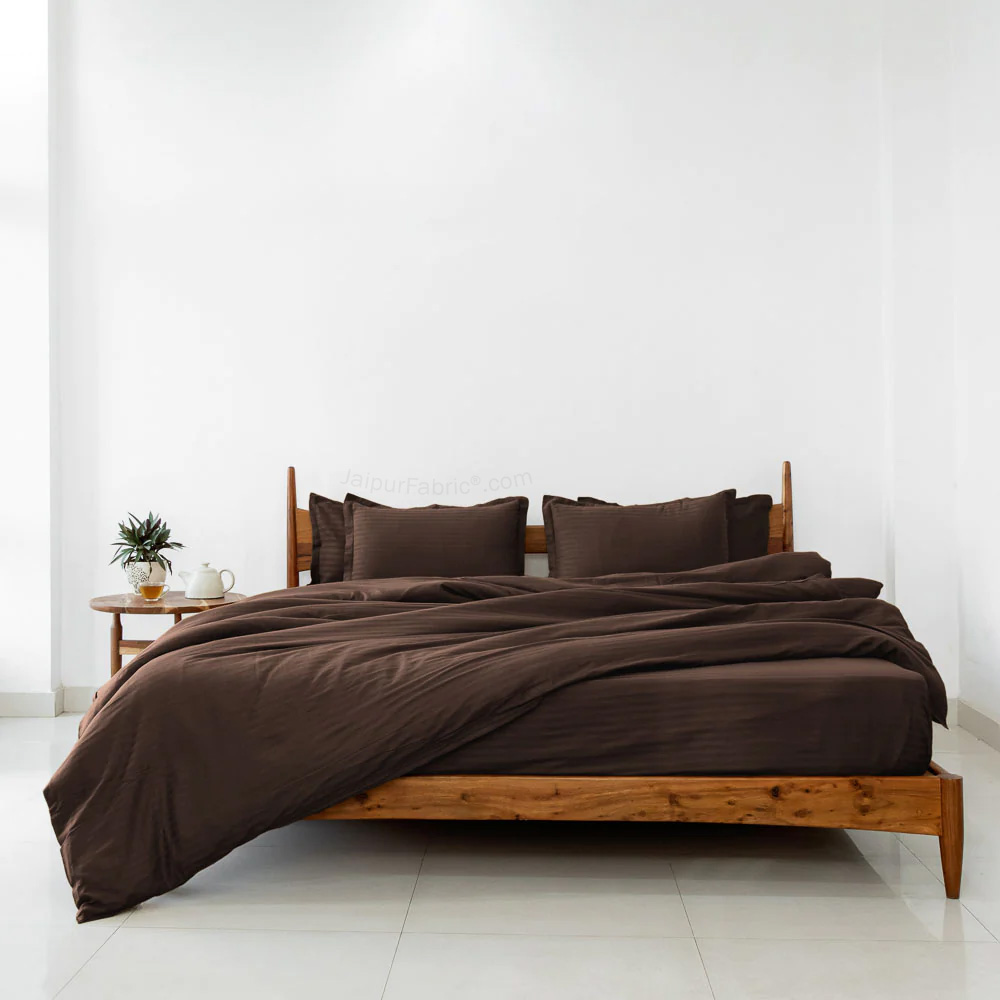 Dark Brown Satin Stripes Matching Bedsheet and Comforter SET of 4 Bed in a Bag
