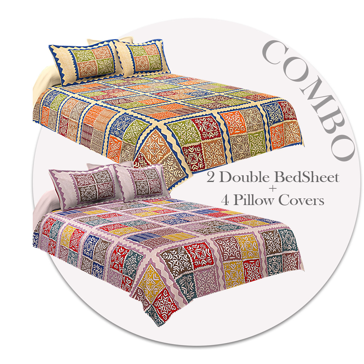 COMBO349 Katha Barmeri 2 Double Bed Sheet + 4 Pillow Cover
