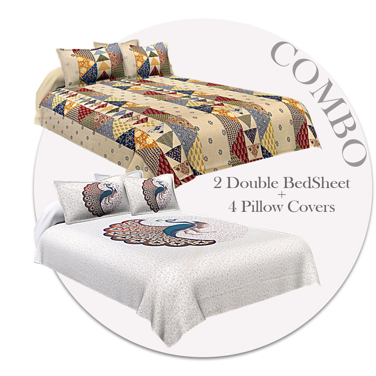 COMBO348 Twill Cotton 2 Double Bed Sheet + 4 Pillow Cover