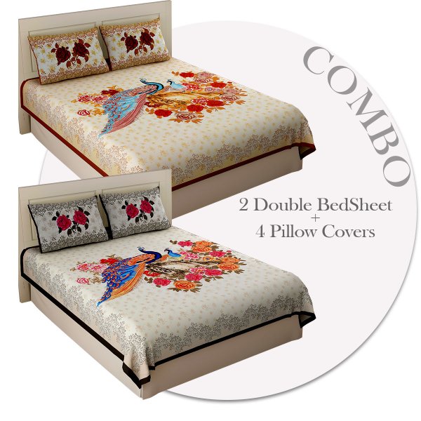 COMBO350 Peacock Garden 2 Double Bed Sheet + 4 Pillow Cover