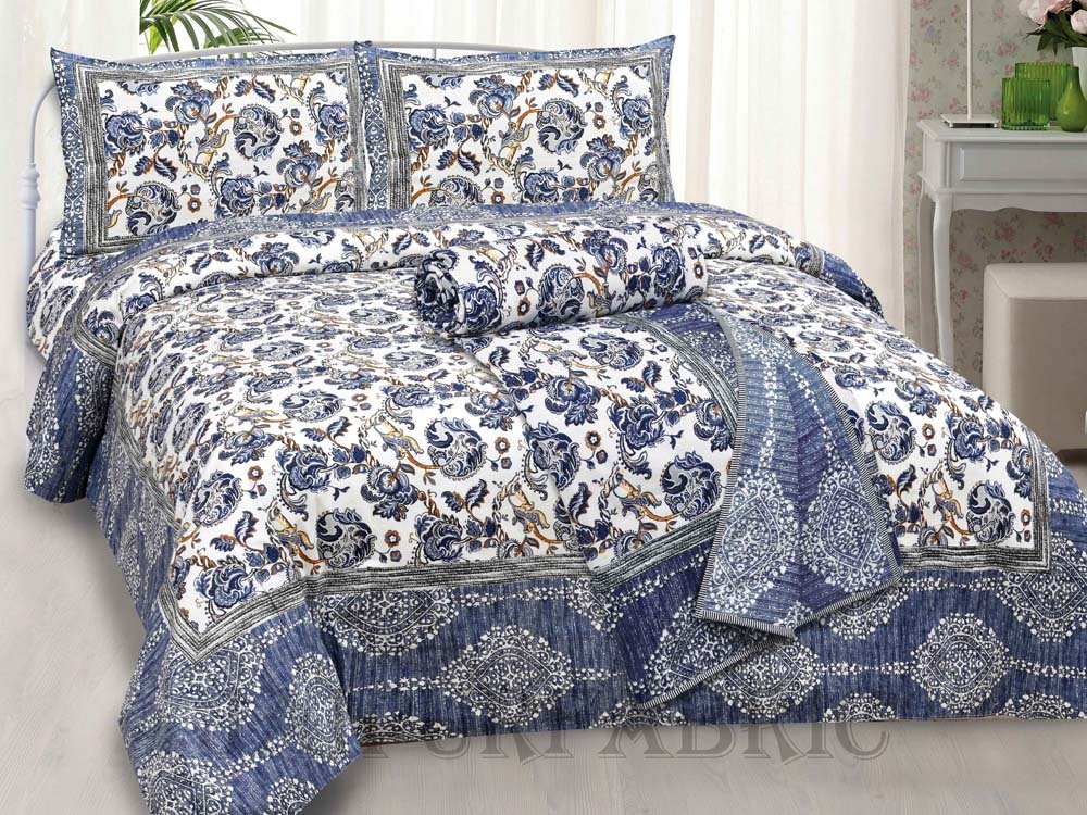 Bed in a Bag Blue Vector Floral 1 Dohar + 1 Double BedSheet + 2 Pillow Covers